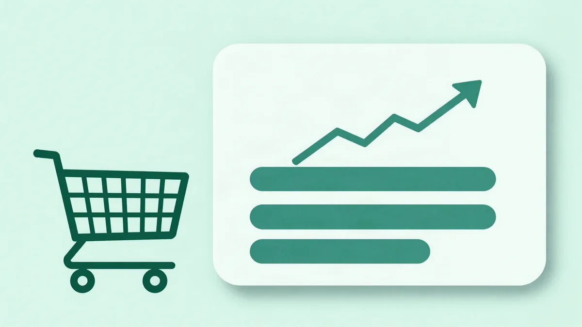 Ilustração plana de um carrinho de compras ao lado de um painel de software com uma linha ascendente e barras em branco