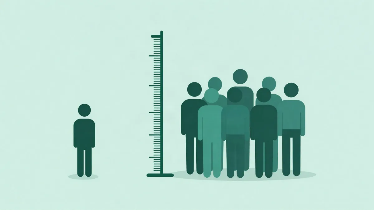 Flat illustration of one lone figure and a larger group of figures standing beside a tall vertical measuring rule, in deep green and teal tones
