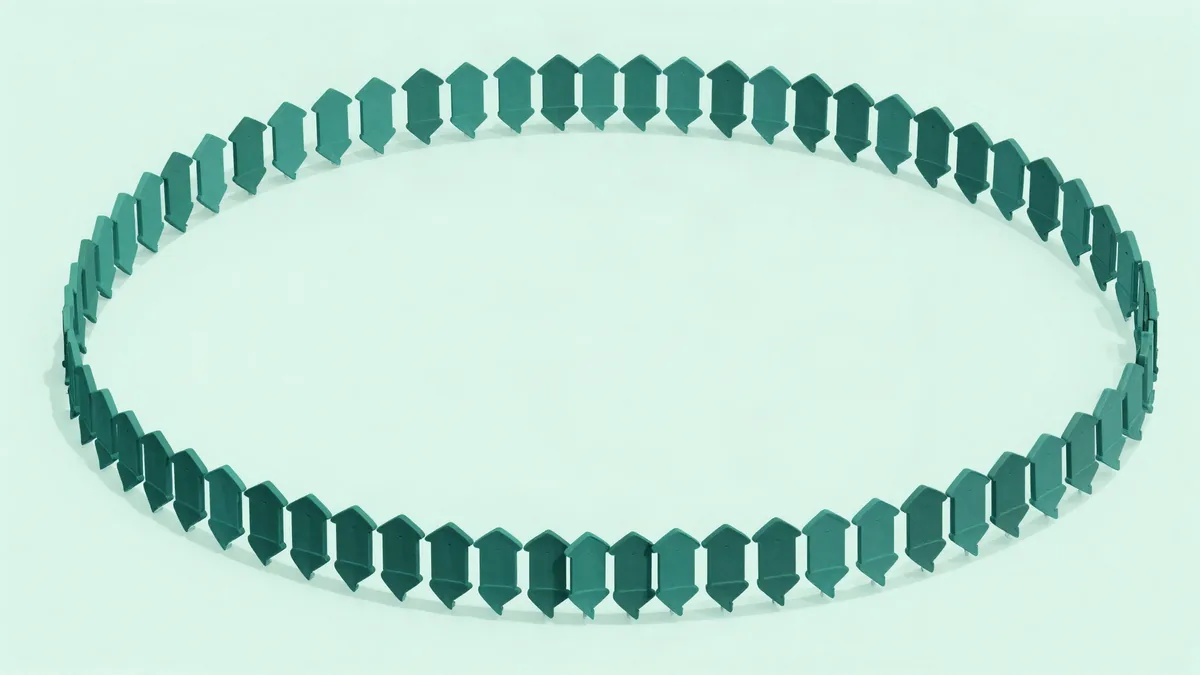 Ilustração plana em tons de teal sobre fundo verde-menta: um grande anel formado por dezenas de setas idênticas apontando na mesma direção ao redor do círculo, representando um ciclo de experimentação que se repete sem parar