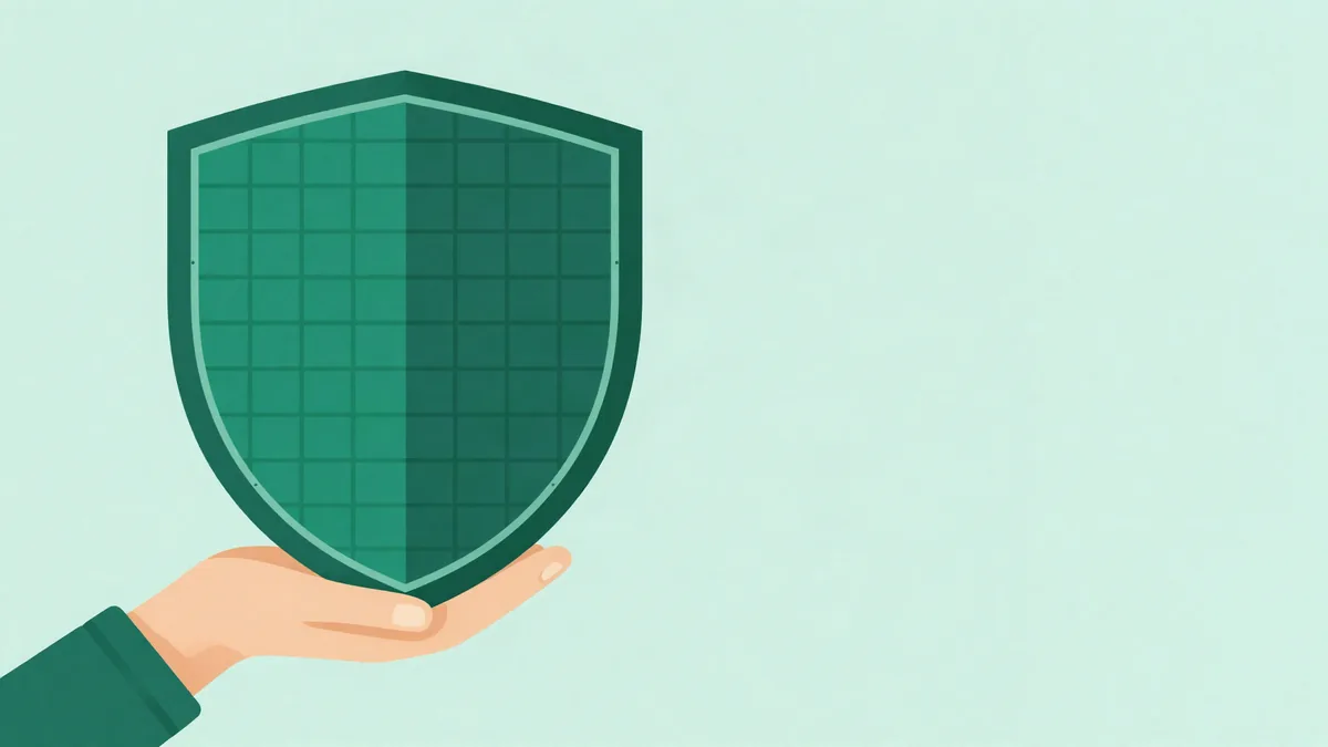 Ilustração de um escudo segurando fileiras organizadas de blocos de dados, com linhas pontilhadas parando na borda e uma linha sólida entrando por baixo