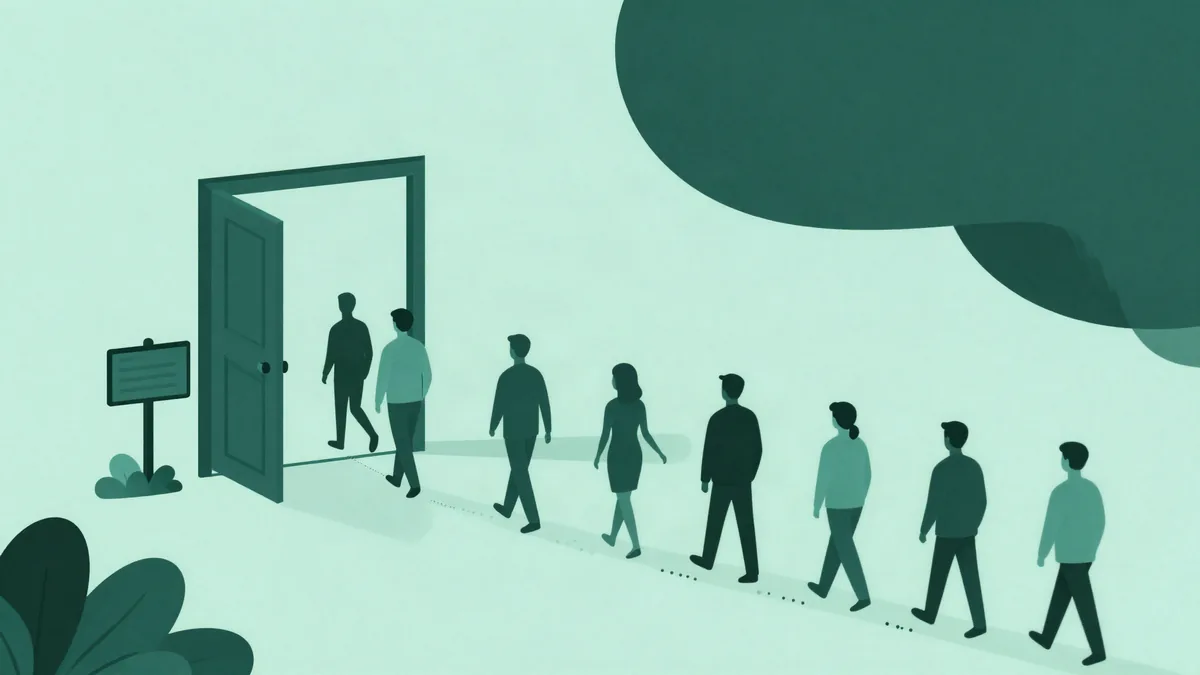 Ilustración plana de una puerta abierta con un cartel al lado y una fila de figuras caminando, algunas entrando por la puerta y otras siguiendo de largo