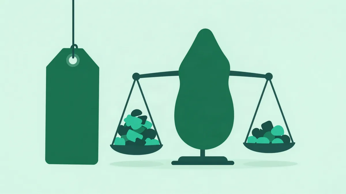Flat illustration in deep forest green and teal on a soft mint background: a large blank price tag on the left beside a balance scale weighing a heavier pile of small shapes against a lighter one, representing a discount traded against margin