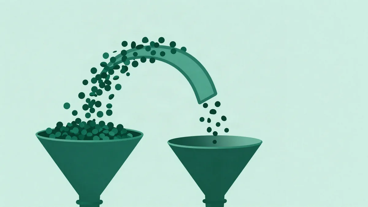 Ilustração plana de dois funis verdes lado a lado recebendo partículas que caem de um jato curvo, o funil da esquerda cheio até a borda e o da direita quase vazio
