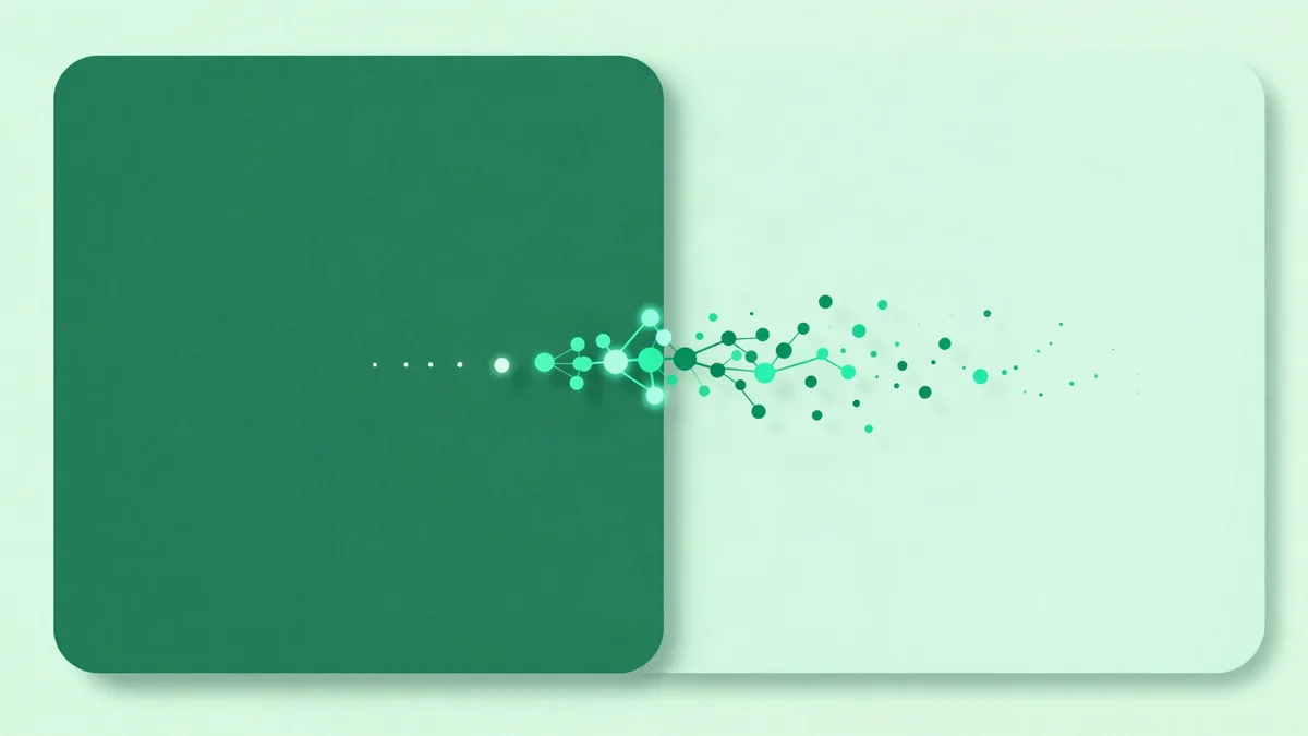 Abstract illustration of a panel split into a solid half and a dashed outline half, with dots flowing from the solid half toward a cluster of glowing nodes