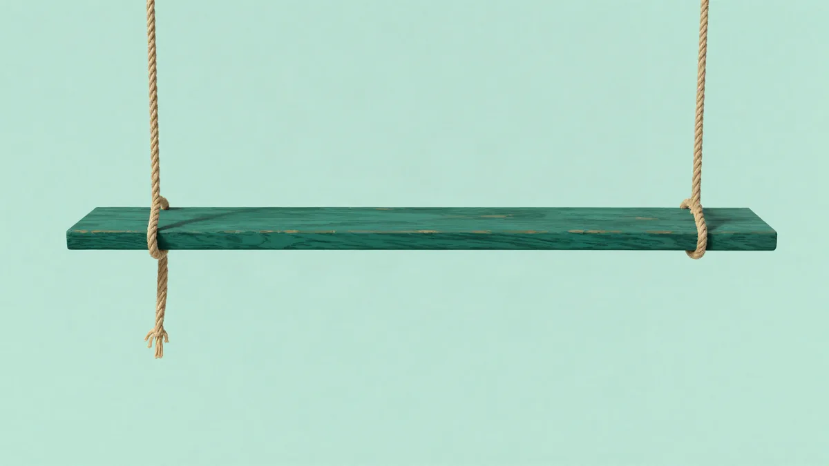 Flat illustration of a level plank held by two ropes, the left one snapped and dangling and the right one taut