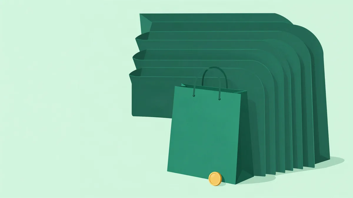 Abstract illustration of nested rounded panels descending like steps and narrowing into a single shopping bag with a coin beside it