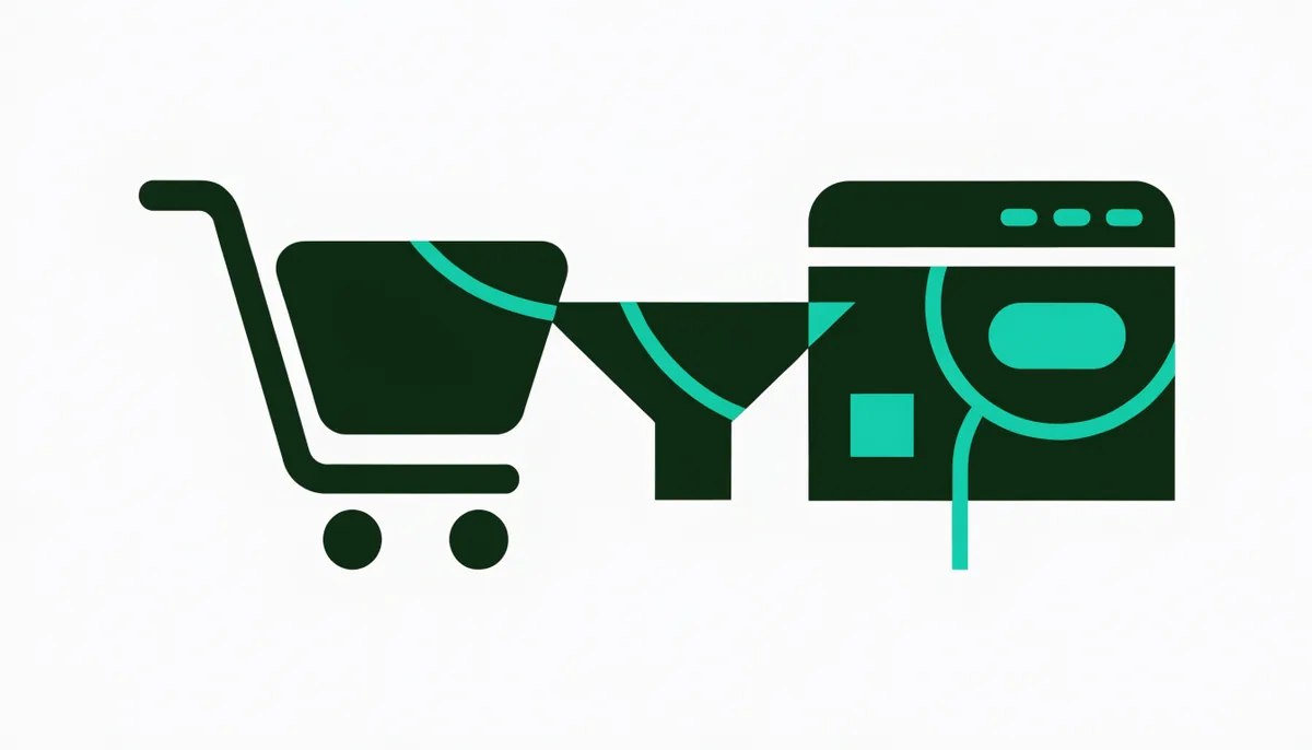 Abstract illustration of a shopping cart icon on one side and a software dashboard window on the other, connected by a shared funnel shape