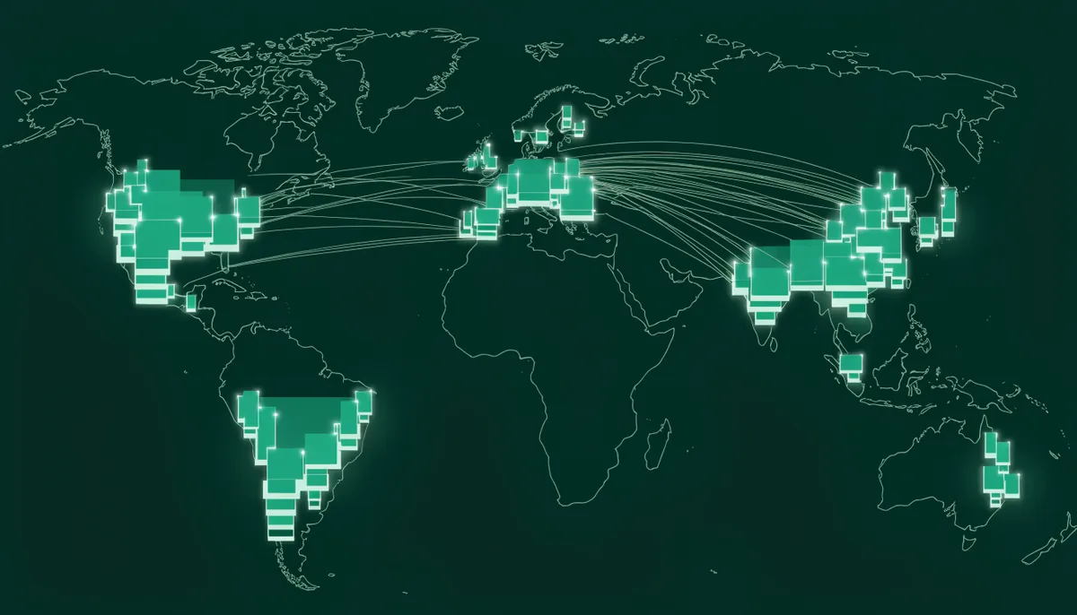 Abstract editorial illustration of a glowing global network of interconnected nodes radiating outward in dark green and teal tones, representing distributed edge computing infrastructure