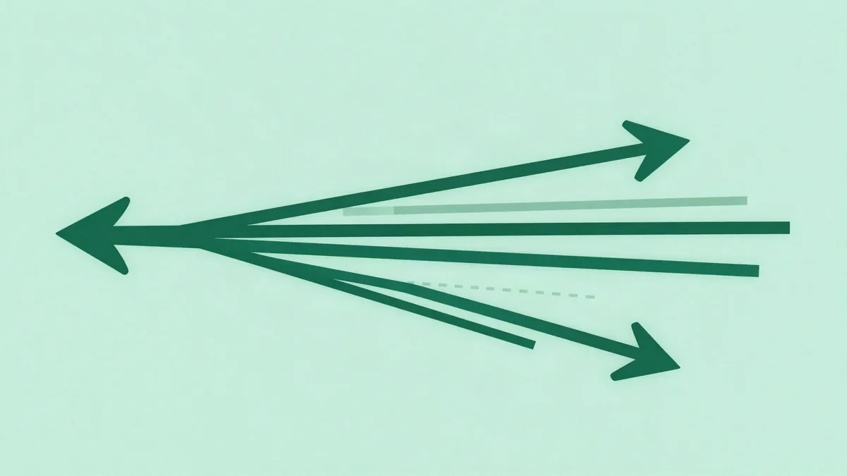 Ilustração plana de uma barra larga que se abre em quatro barras finas de comprimentos diferentes espalhadas em ângulos distintos, com uma linha tracejada no meio do leque, em verde profundo e verde menta