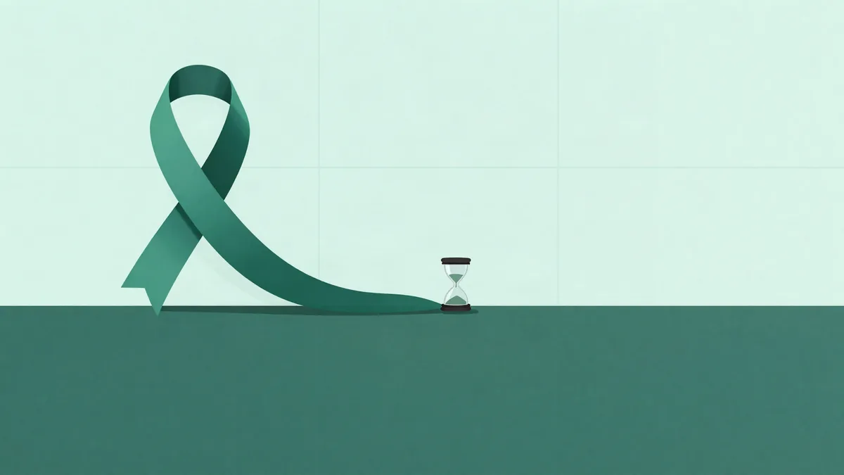 Ilustração plana de uma fita que sobe e se achata numa longa reta, com uma ampulheta ao fim, em tons de verde profundo