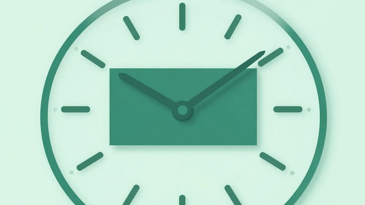 Abstract clock face merging into an envelope shape in deep green and teal, representing testing the timing of an email send