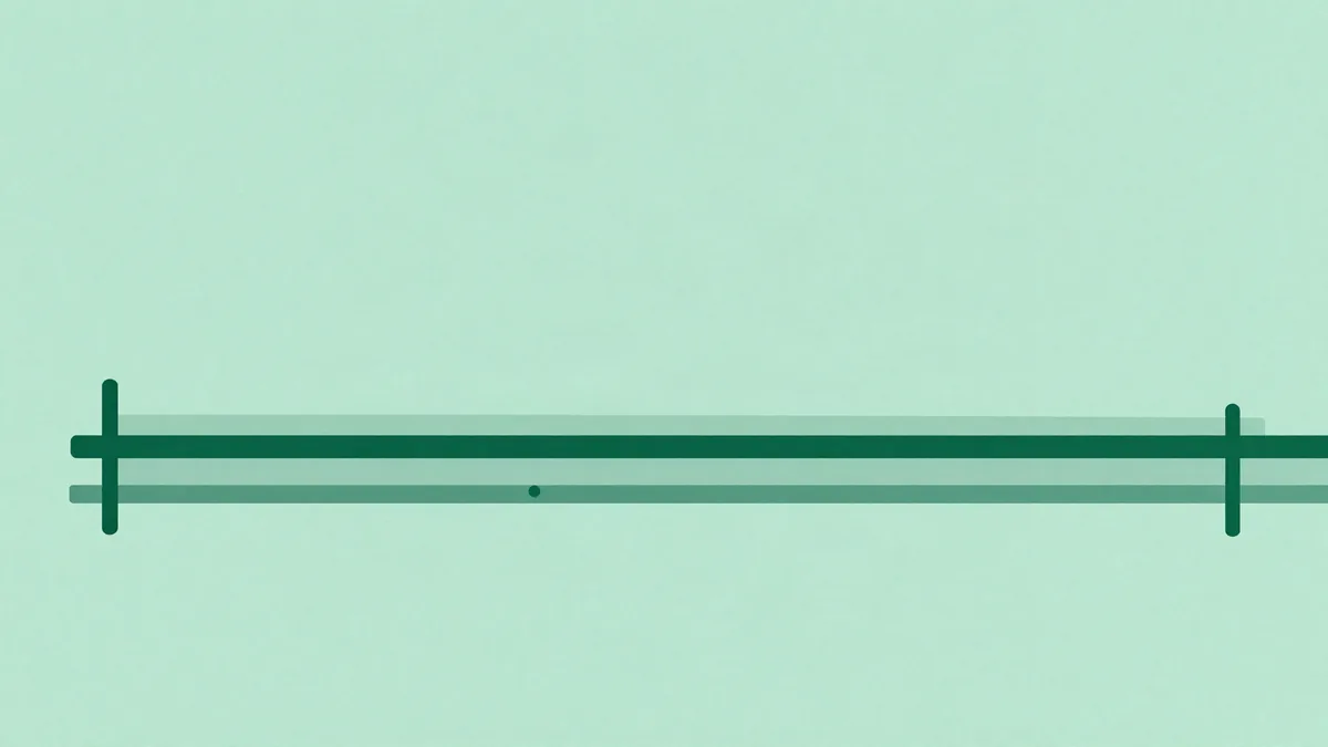 Flat illustration of a slim horizontal band bounded by two thin upright brackets with a small dot resting inside the band, in deep green tones on a mint background
