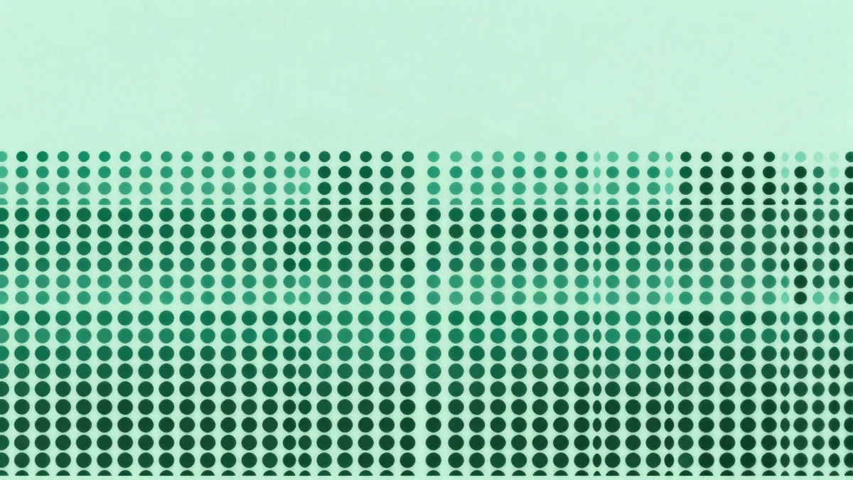 Ilustração plana de um campo largo de pequenos pontos verdes organizados em fileiras densas, com faixas horizontais de tons diferentes atravessando o conjunto