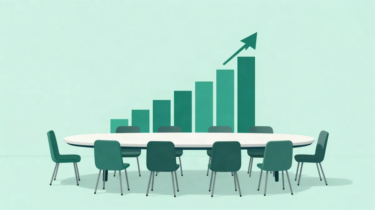 Flat illustration of an oval meeting table with chairs and a large rising bar chart standing at the head of the table