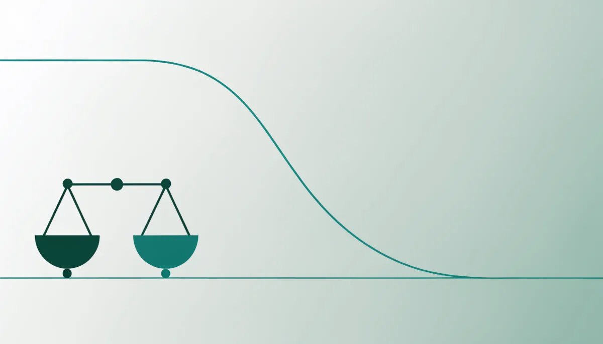Abstract illustration of a balance scale next to a downward-sloping risk curve, in dark green and teal, representing how a Bayesian stopping rule weighs the cost of a wrong call