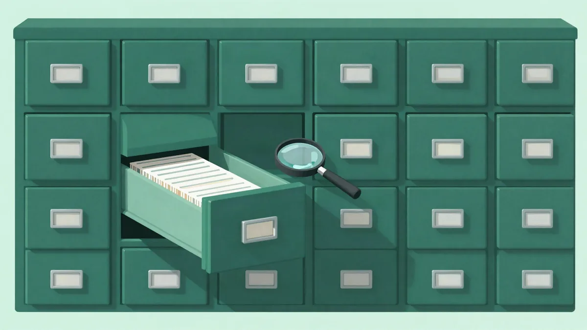Flat illustration of a wall of archive drawers with one drawer open showing stacked index cards and a magnifying glass beside it