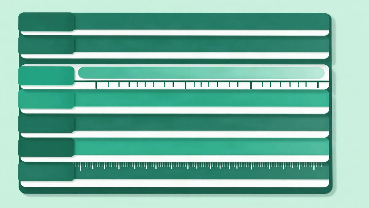 Flat illustration of a planning board with stacked cards of different lengths in ordered rows and a measuring ruler running across them