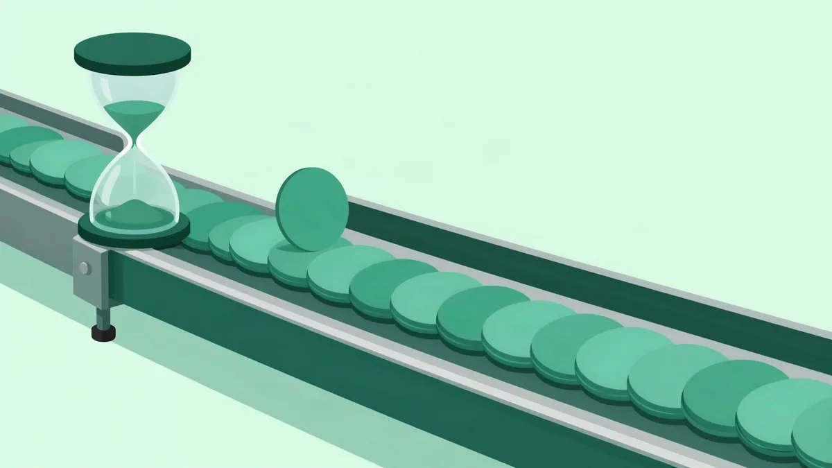 Illustration of an hourglass beside a conveyor belt carrying evenly spaced rounded cards
