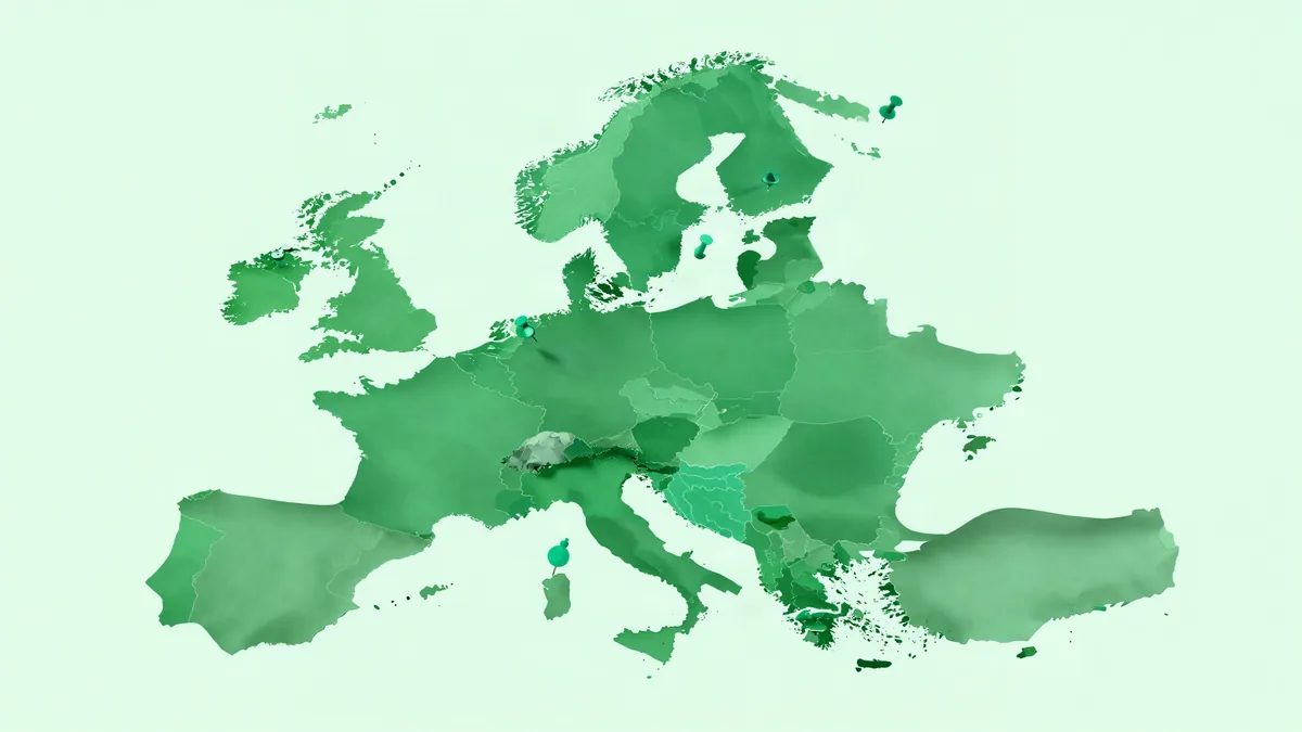 Ilustração plana de um mapa abstrato dividido em regiões irregulares, metade preenchida em verde profundo e metade em verde menta, com pequenos marcadores arredondados sobre algumas delas