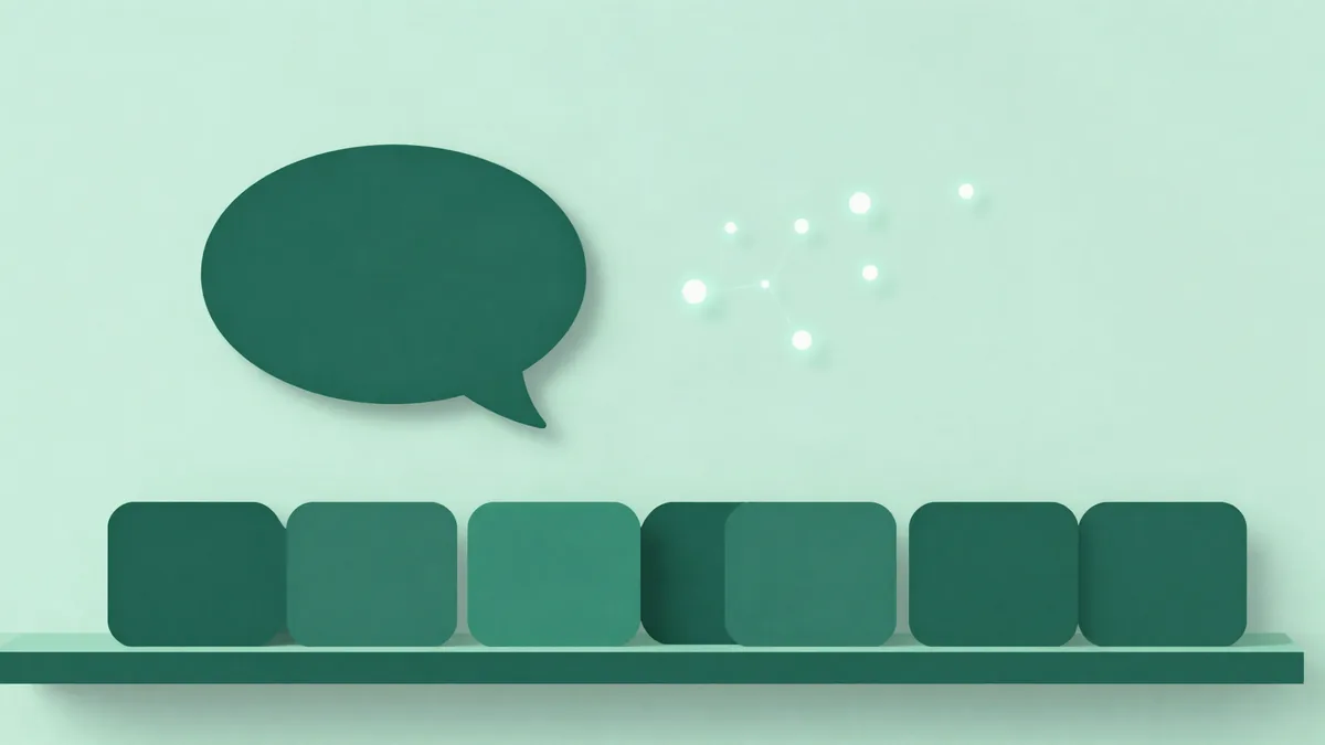 Abstract illustration of rounded speech bubble cards on a shelf, one lifting away toward a cluster of connected glowing nodes