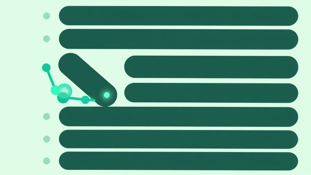 Ilustración abstracta de una pila de bloques redondeados con marcadores circulares, uno de ellos saliendo hacia un grupo de nodos conectados