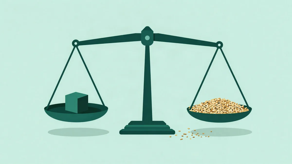 Ilustración plana de una balanza de dos platillos en equilibrio, con un cubo pequeño y denso de un lado y granos esparcidos del otro
