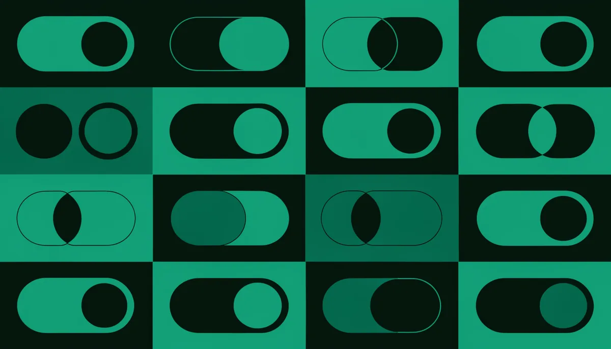 Abstract illustration of a grid of panels with geometric toggle switches, in dark green and teal, representing a comparison between feature flag management tools
