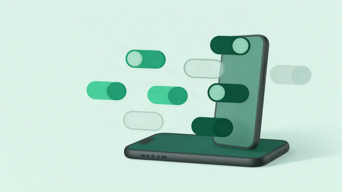 Ilustração de um celular cercado por interruptores geométricos flutuantes, alguns ligados e outros apenas contornados, em tons de verde escuro e turquesa
