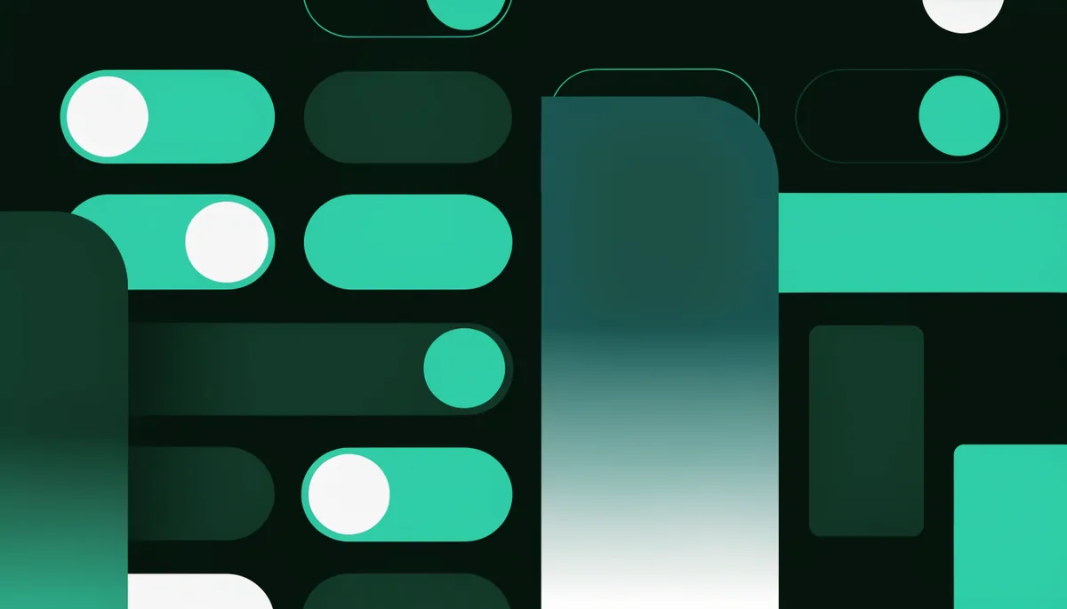 Ilustração abstrata de chaves e painéis geométricos sobrepostos em tons de verde e teal, representando controles de ativação e liberação progressiva de funcionalidades