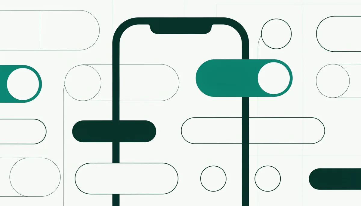 Abstract illustration of a smartphone silhouette surrounded by geometric toggle switches in dark green and teal, some fully engaged and some outlined, representing a staged feature flag rollout