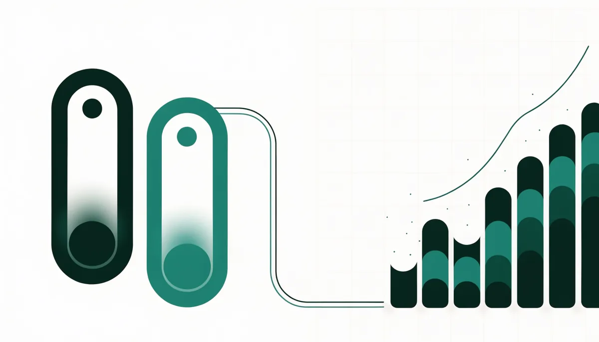 Abstract editorial illustration of a toggle switch beside an ascending data chart, representing the difference between a feature flag and an A/B test
