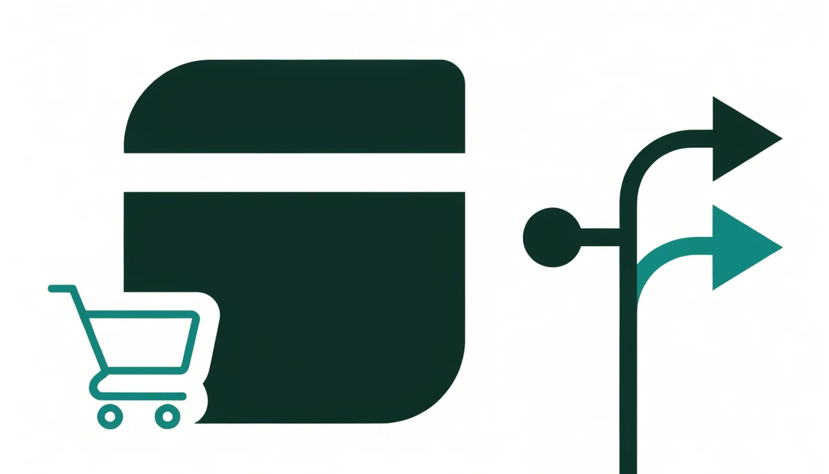 Ilustração abstrata de uma sacola de compras ao lado de formas simples representando um funil de loja online