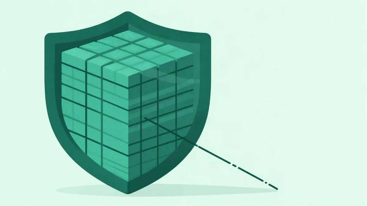 Flat illustration of a shield holding neat stacked rows of data blocks, with dotted lines stopping at its edge and one solid line entering from a trusted source below