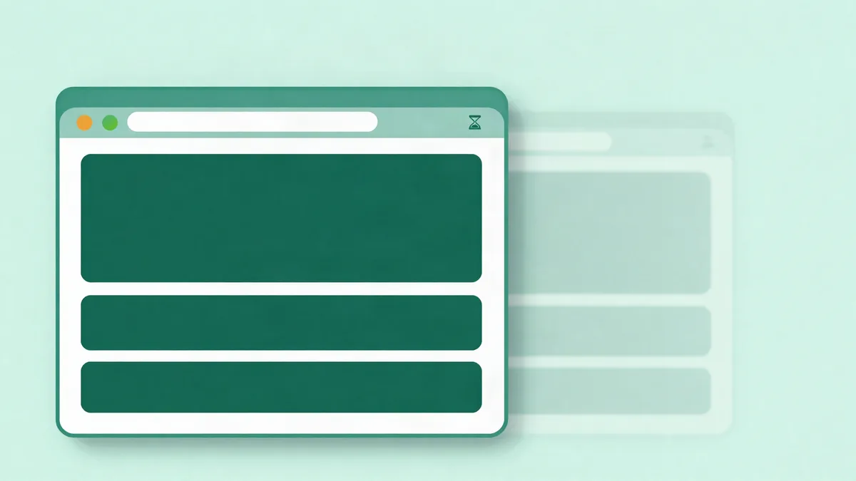 Flat illustration of a browser window with content blocks and a translucent copy of the same window offset beside it, like a double exposure, with a small hourglass in the toolbar