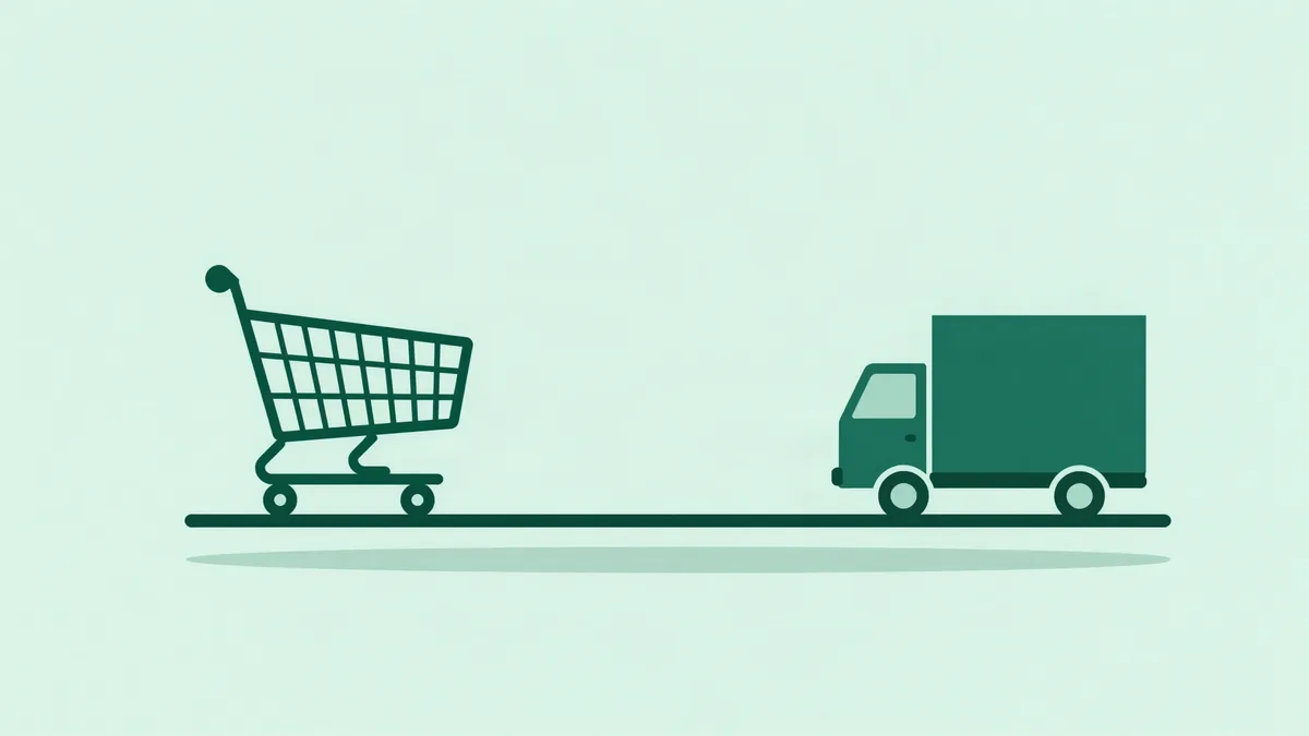 Flat illustration of a shopping cart and a delivery truck resting on the same horizontal line, suggesting a threshold being balanced