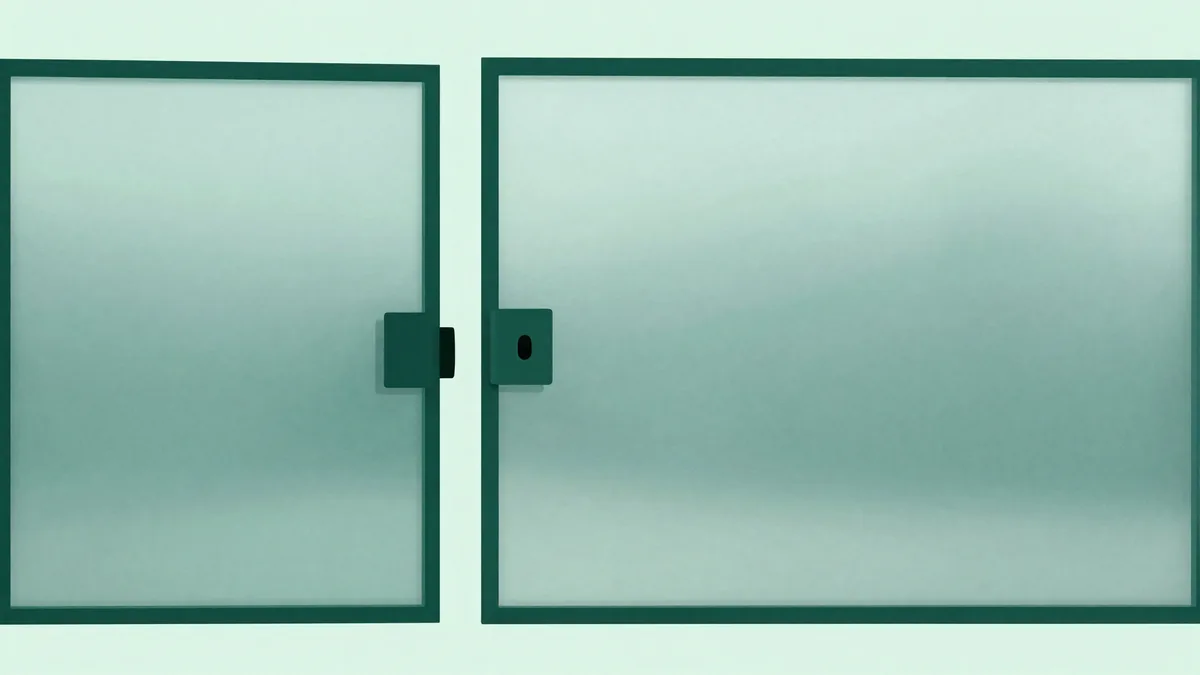 Abstract illustration of a geometric portal shape with a gradient from light mint to deep forest green, representing a threshold between free and paid