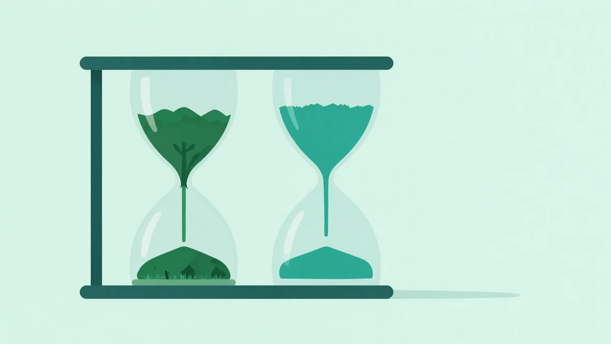 Abstract editorial illustration in dark green and teal of an hourglass beside two divided funnel columns representing freemium and free trial growth models, no text