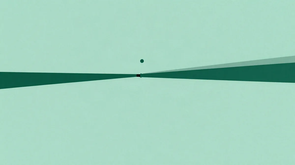 Flat illustration of a narrowing wedge of thin lines converging to a blunt stop, with a small circle floating unreachable beyond it, in deep green tones on a mint background