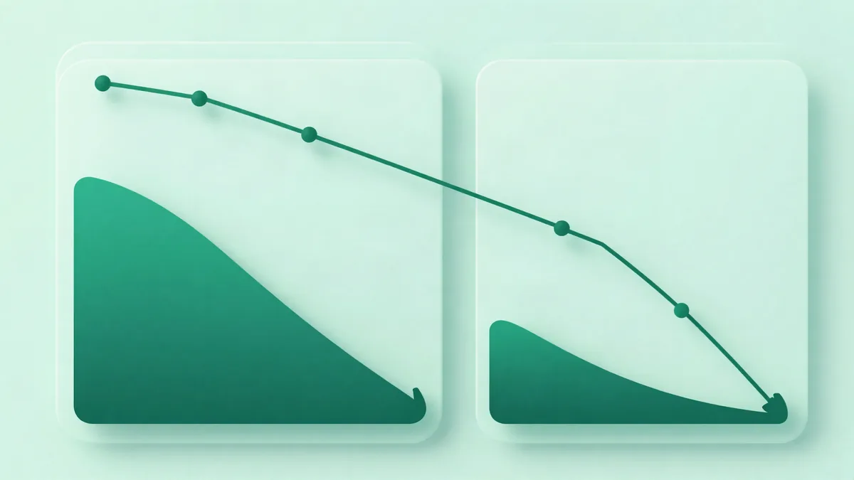 Flat illustration of an analytics panel with a line chart and a funnel connected by arrows to two identical page cards side by side