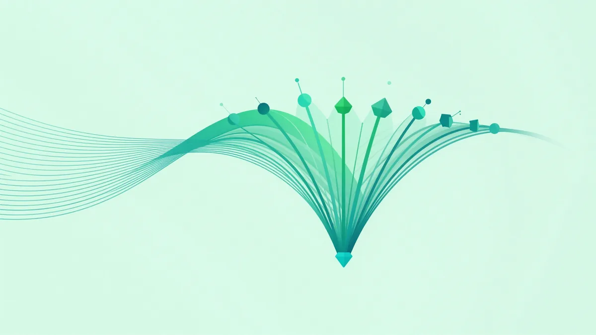 Ilustração abstrata de fluxos de dados conectando-se em forma de funil com nós geométricos, representando tracking e experimentação