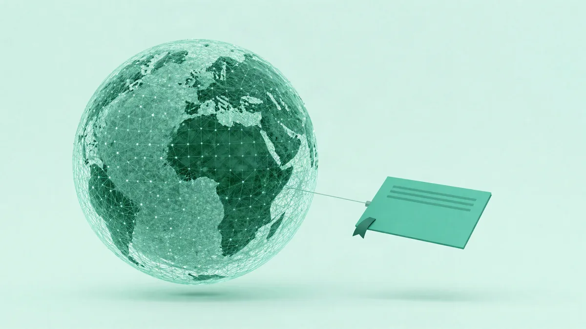 Abstract illustration of a glowing sphere of connected nodes pulling a document card toward it, representing an AI system citing a web page