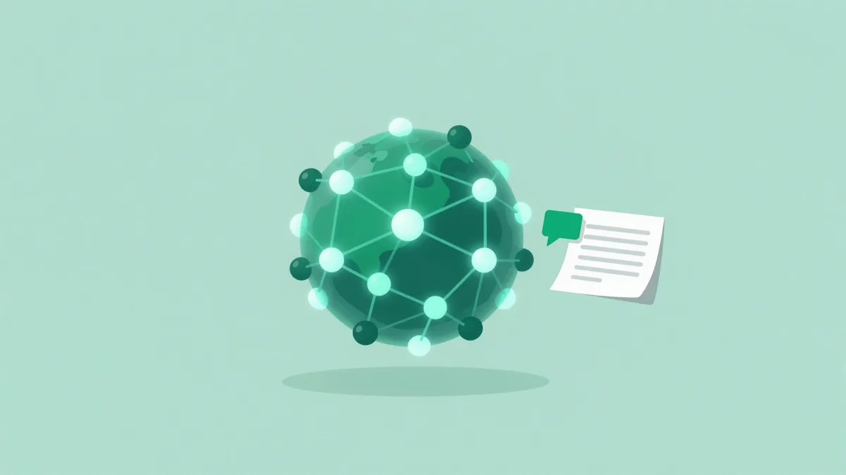 Ilustración abstracta de una esfera de nodos conectados tirando de un documento con un marcador de cita, representando un sistema de IA citando una página web