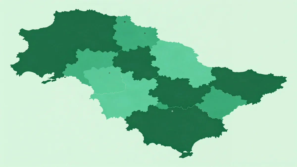 Flat editorial illustration of an abstract patchwork of adjacent irregular territories in alternating deep green and pale mint tones with two small rounded markers
