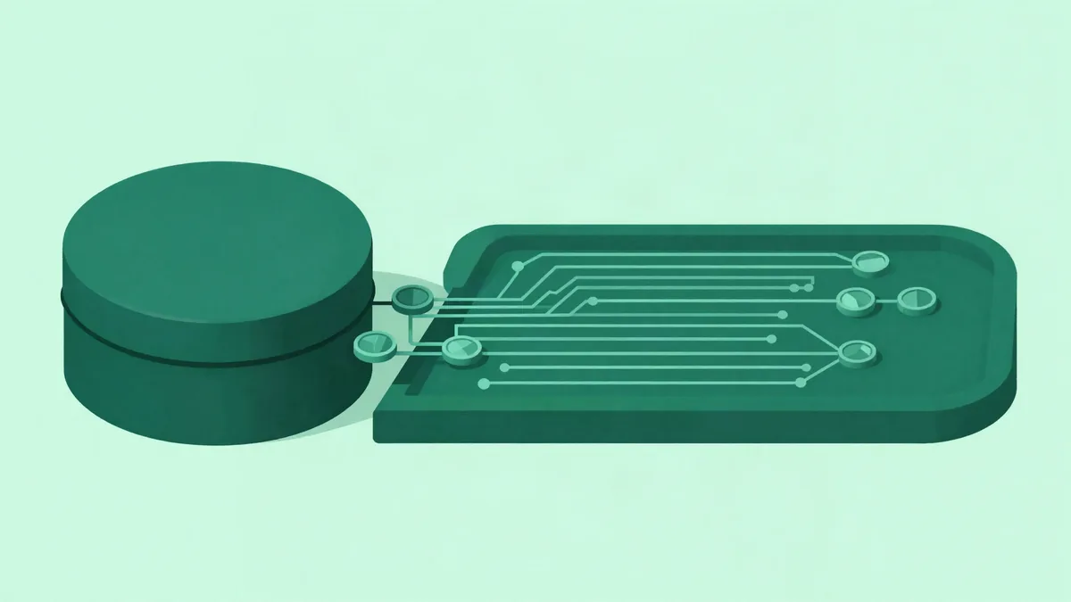 Flat illustration of a rounded container dispatching small geometric tokens along branching circuit lines into a receiving dashboard panel
