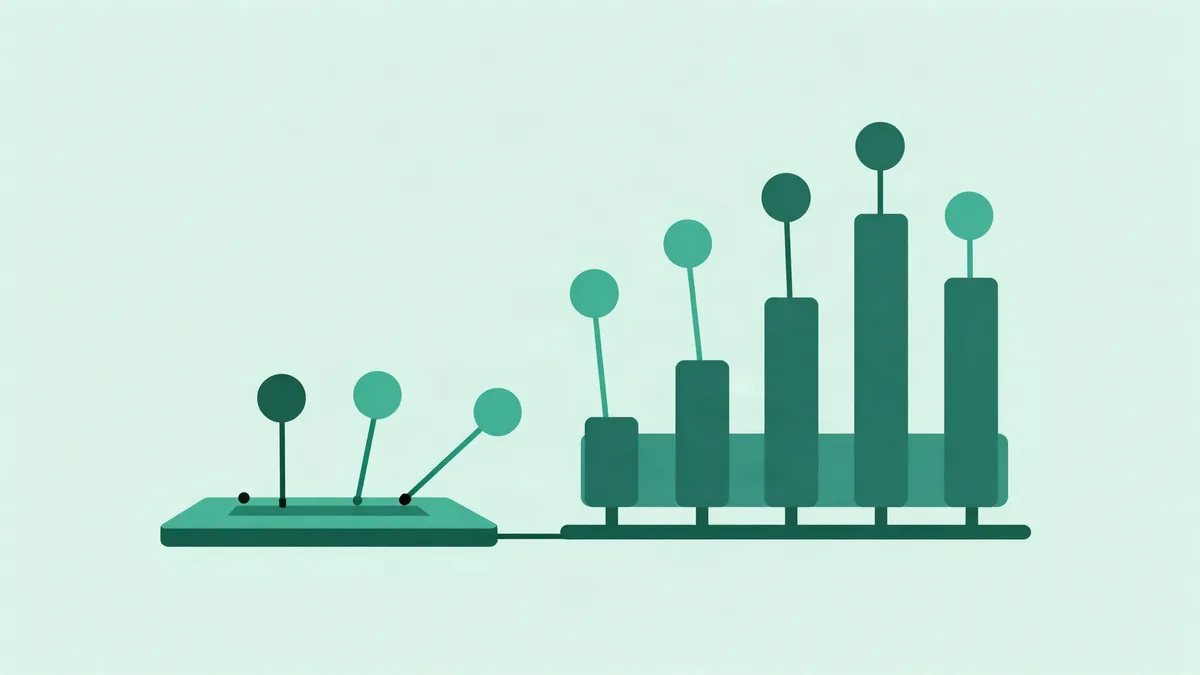 Ilustração plana em verde-escuro e teal sobre fundo verde-menta: uma plataforma à esquerda com três marcadores em haste conectada por uma linha a um gráfico de barras crescente à direita, também encimado por marcadores, representando eventos etiquetados que viajam até o relatório