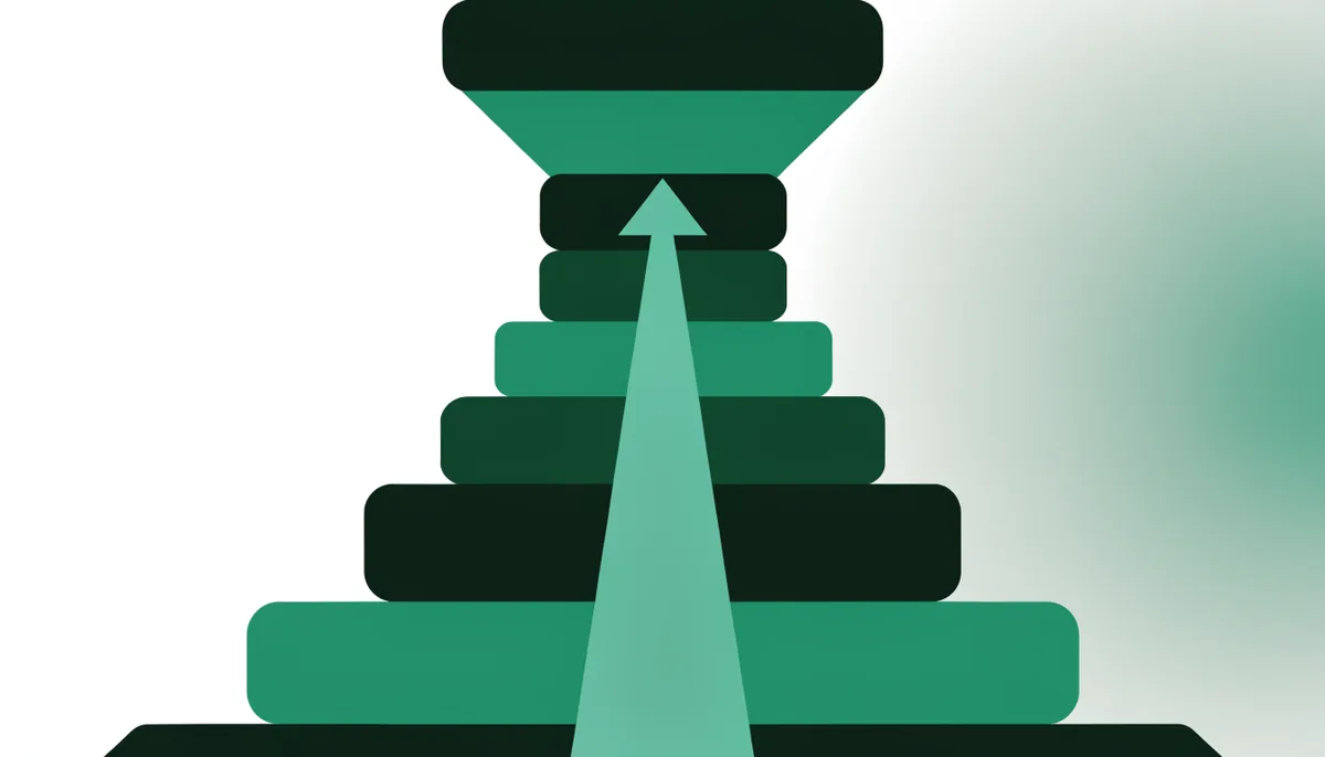 Abstract editorial illustration in dark green and teal of a funnel with rising stages and an ascending arrow representing product growth