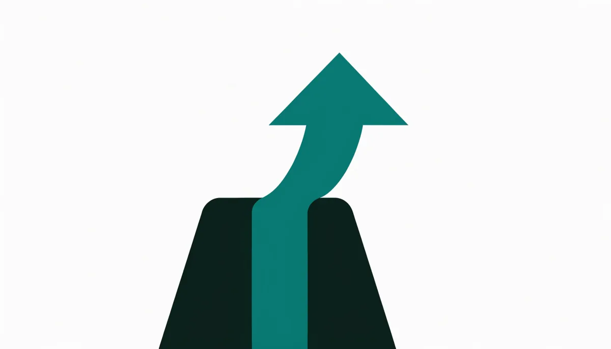 Ilustração abstrata em tons de verde escuro e teal de um funil com estágios crescentes e uma seta ascendente representando crescimento de produto