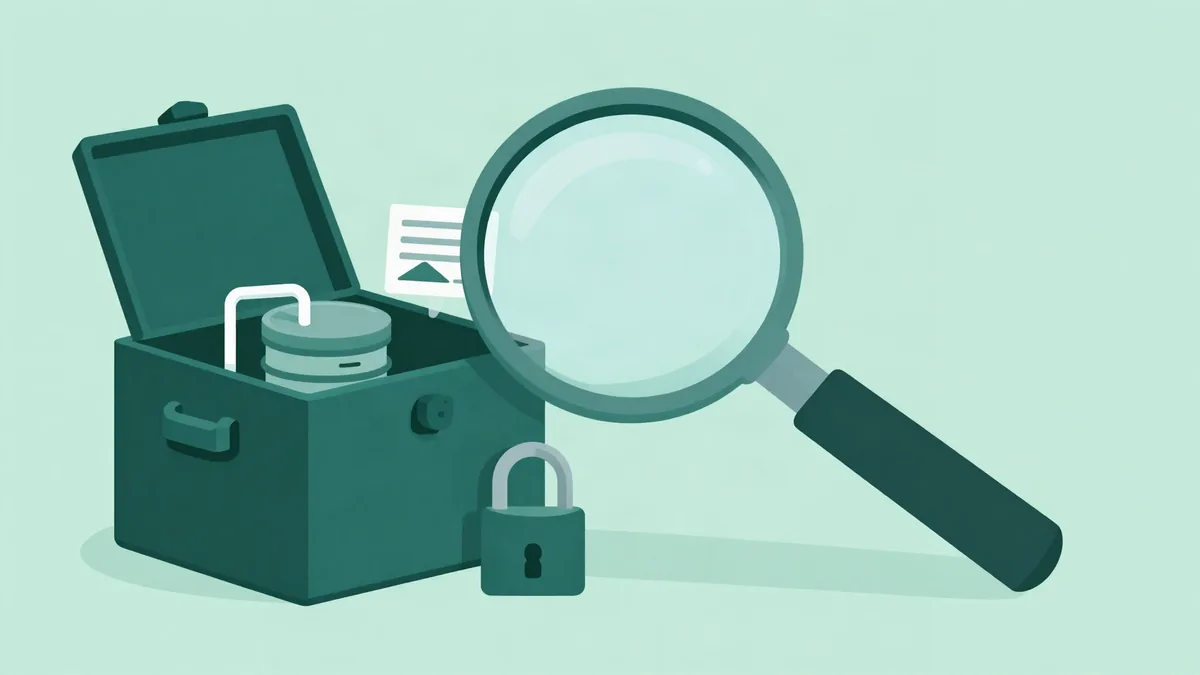 Flat illustration of a magnifying glass over an open crate holding a database cylinder piped into a small chart panel, with an open padlock beside it