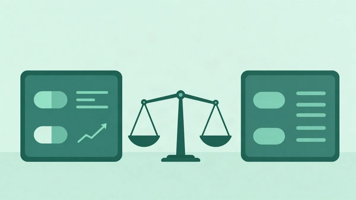 Flat illustration of two dashboard panels with toggles and charts on either side of a balance scale, in deep green and teal tones