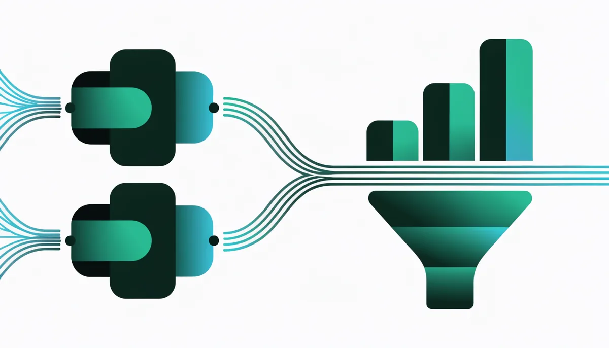 Ilustração abstrata de dois blocos de software conectados: um com um alvo central de experimentação, outro com vários módulos orbitando um núcleo de analytics